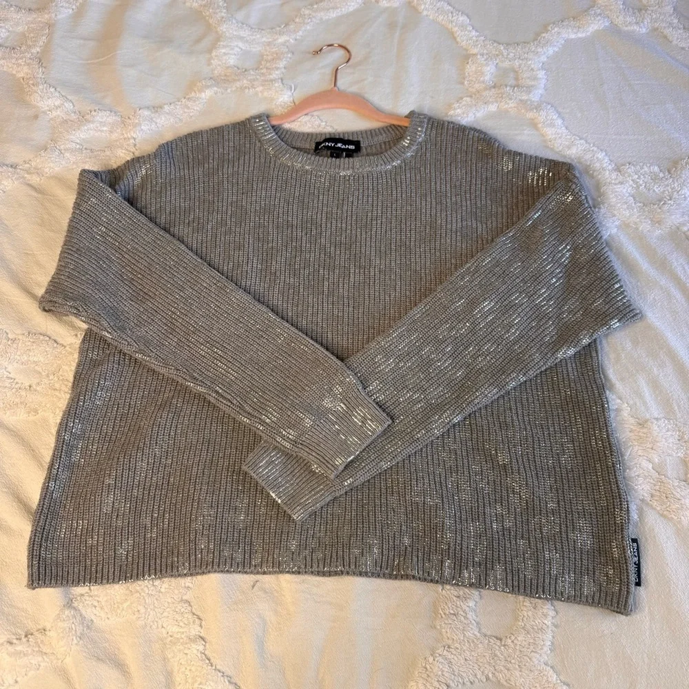 DKNY Jeans 100% Cotton Gray & Metallic Silver‎ Animal Print Size L Crew Sweater